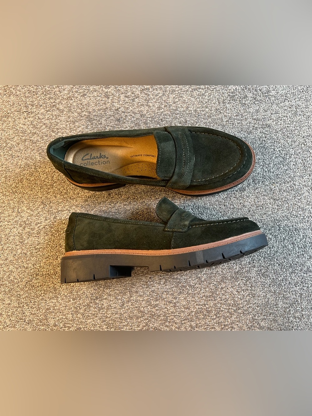 Clarks Women’s Dark Green Suede Penny Loafers with Brown Trim - Picture 4 of 8